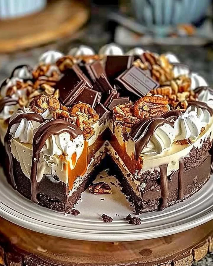 No-Bake German Chocolate Cheesecake topped with chocolate and coconut