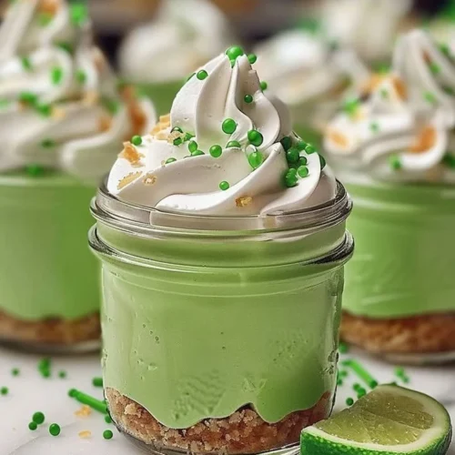No Bake Key Lime Cheesecake in a Jar topped with lime slices