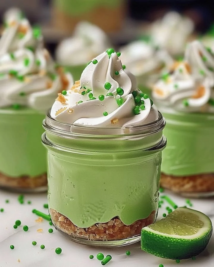 No Bake Key Lime Cheesecake in a Jar topped with lime slices