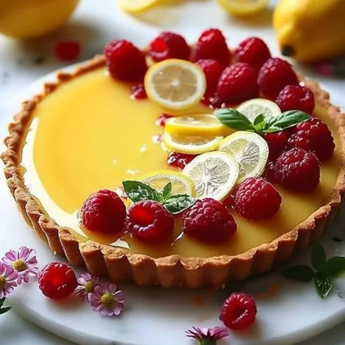 No-bake lemon tart topped with fresh raspberries and basil leaves.