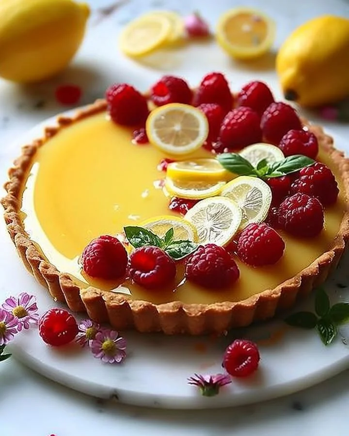 No-bake lemon tart topped with fresh raspberries and basil leaves.