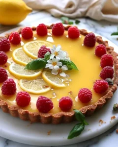 No-bake lemon tart topped with raspberries and basil