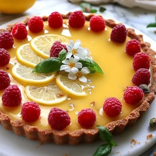 No-bake lemon tart topped with raspberries and basil