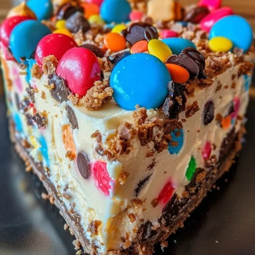 No-Bake Monster Cookie Dough Cheesecake topped with cookie pieces and chocolate drizzle