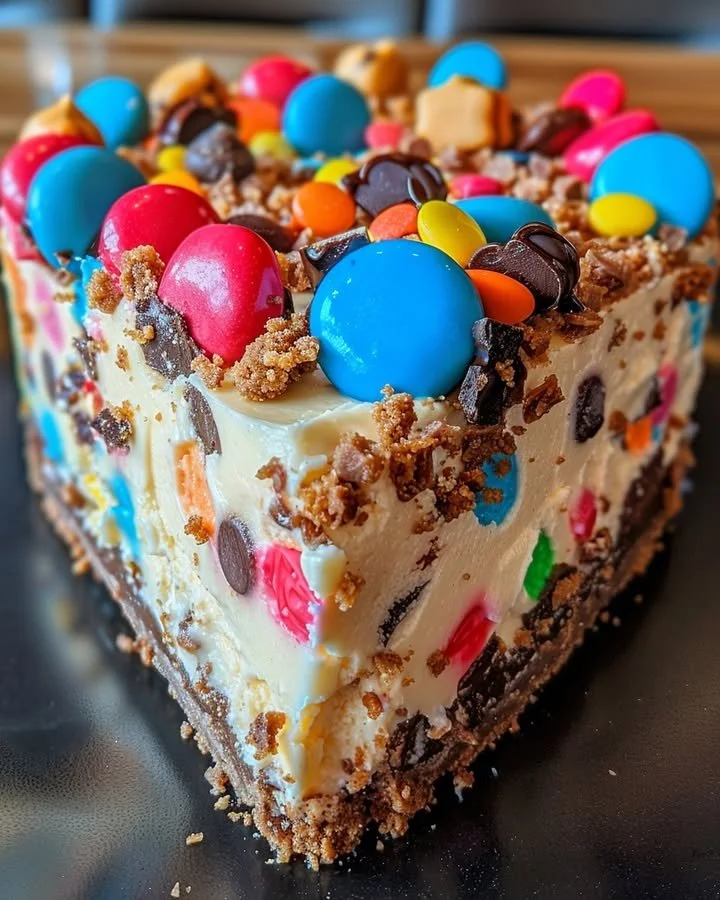 No-Bake Monster Cookie Dough Cheesecake topped with cookie pieces and chocolate drizzle
