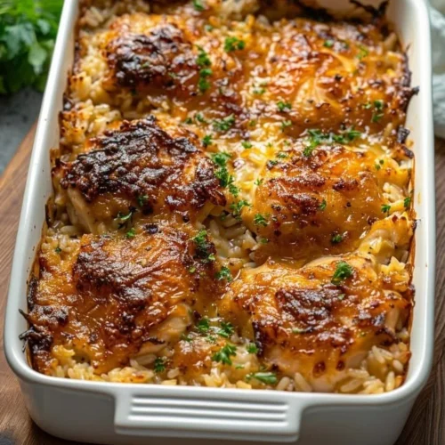 No-Peek Chicken Rice Casserole served in a baking dish