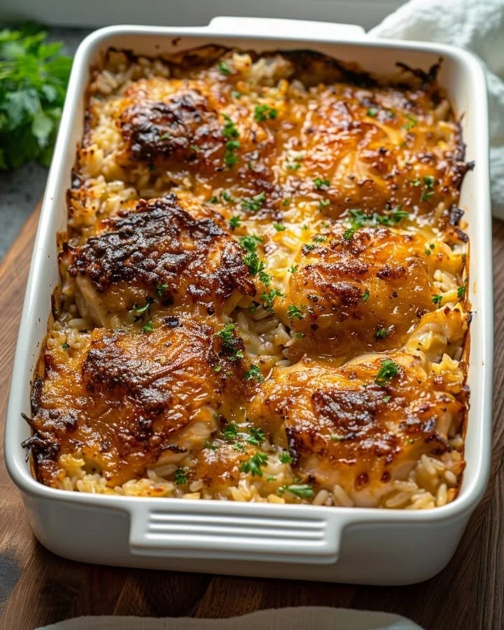 No-Peek Chicken Rice Casserole served in a baking dish