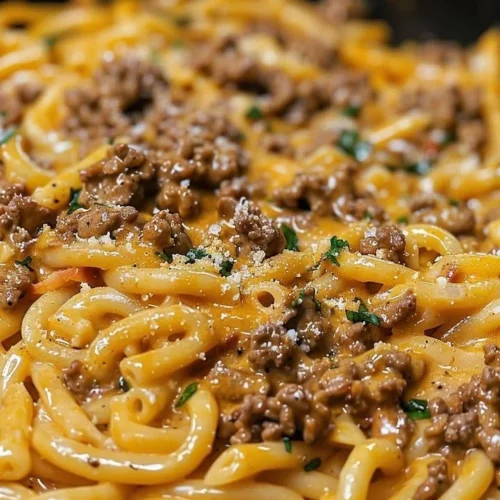 One-Pot Creamy Beef and Garlic Butter Pasta served on a plate