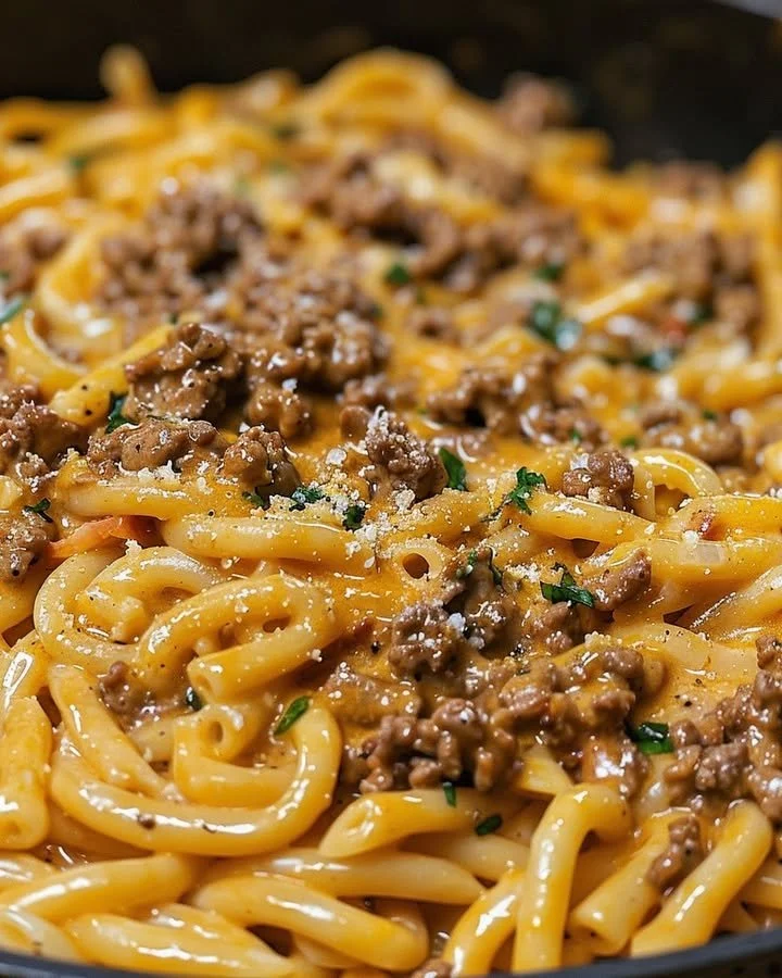 One-Pot Creamy Beef and Garlic Butter Pasta served on a plate