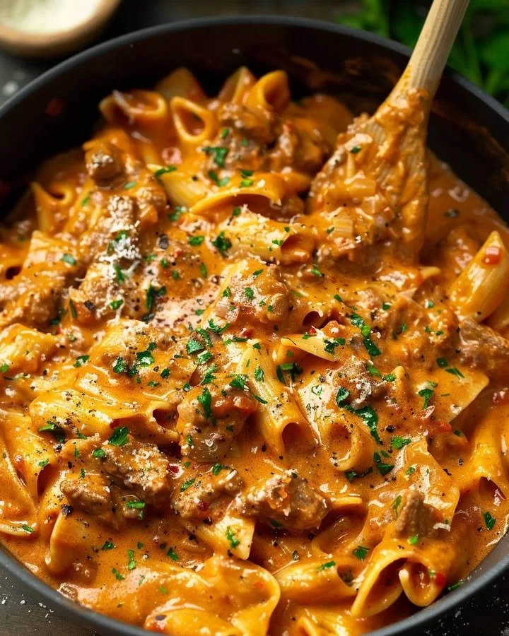 One pot creamy beef pasta dish with beef, pasta, and creamy sauce