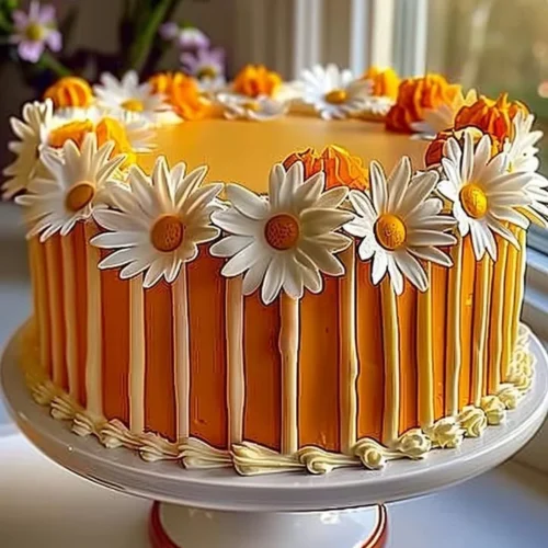 Orange Creamsicle Cake decorated with daisies for a cheerful celebration.