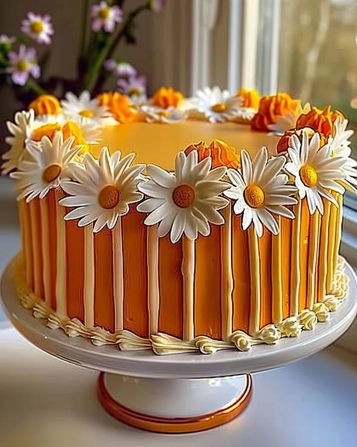 Orange Creamsicle Cake decorated with daisies for a cheerful celebration.