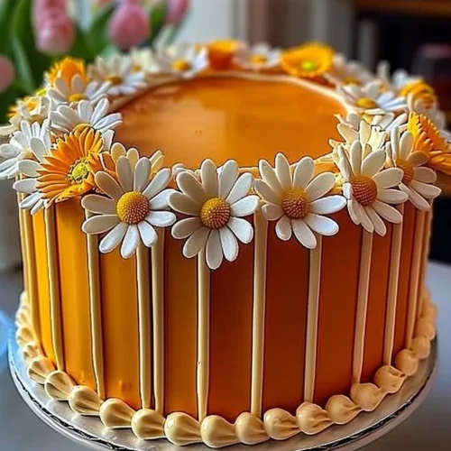 Orange Creamsicle Cake decorated with daisies for a festive touch