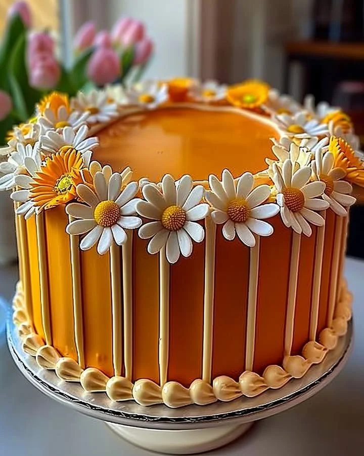 Orange Creamsicle Cake decorated with daisies for a festive touch