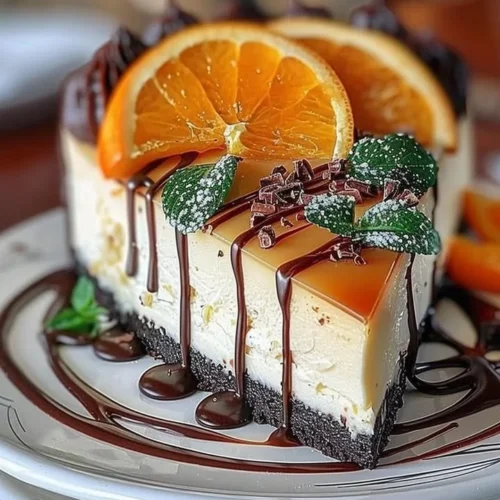 Slice of orange mascarpone cheesecake topped with chocolate drizzle on a plate