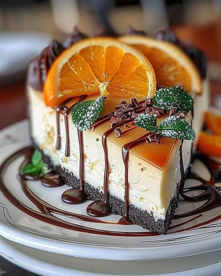 Slice of orange mascarpone cheesecake topped with chocolate drizzle on a plate