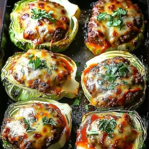 Oven-baked cabbage burgers topped with fresh ingredients on a plate.