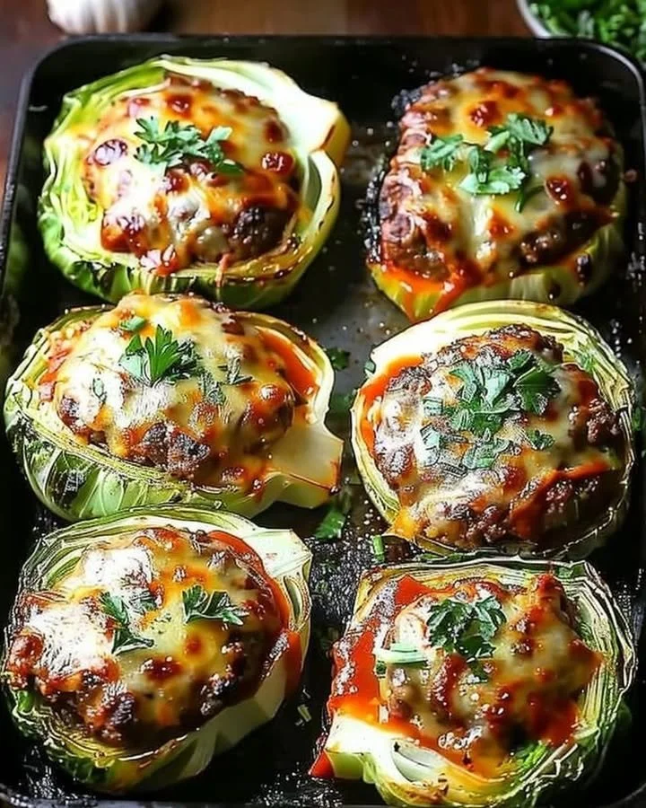 Oven-baked cabbage burgers topped with fresh ingredients on a plate.