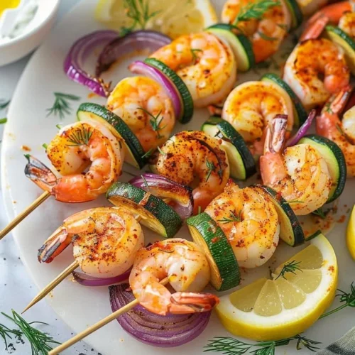 Oven-cooked shrimp skewers seasoned and ready to serve