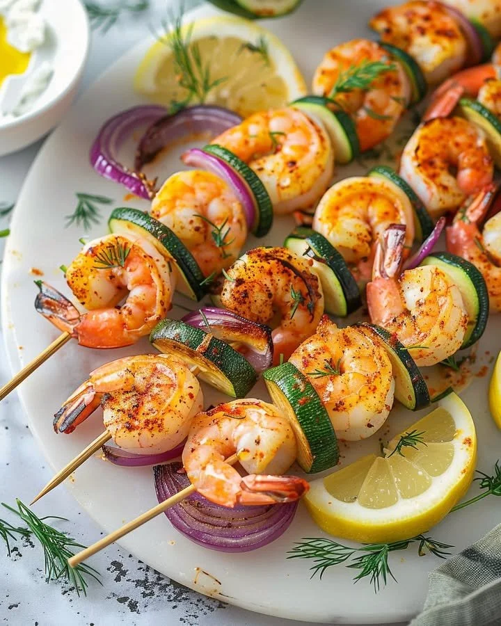 Oven-cooked shrimp skewers seasoned and ready to serve