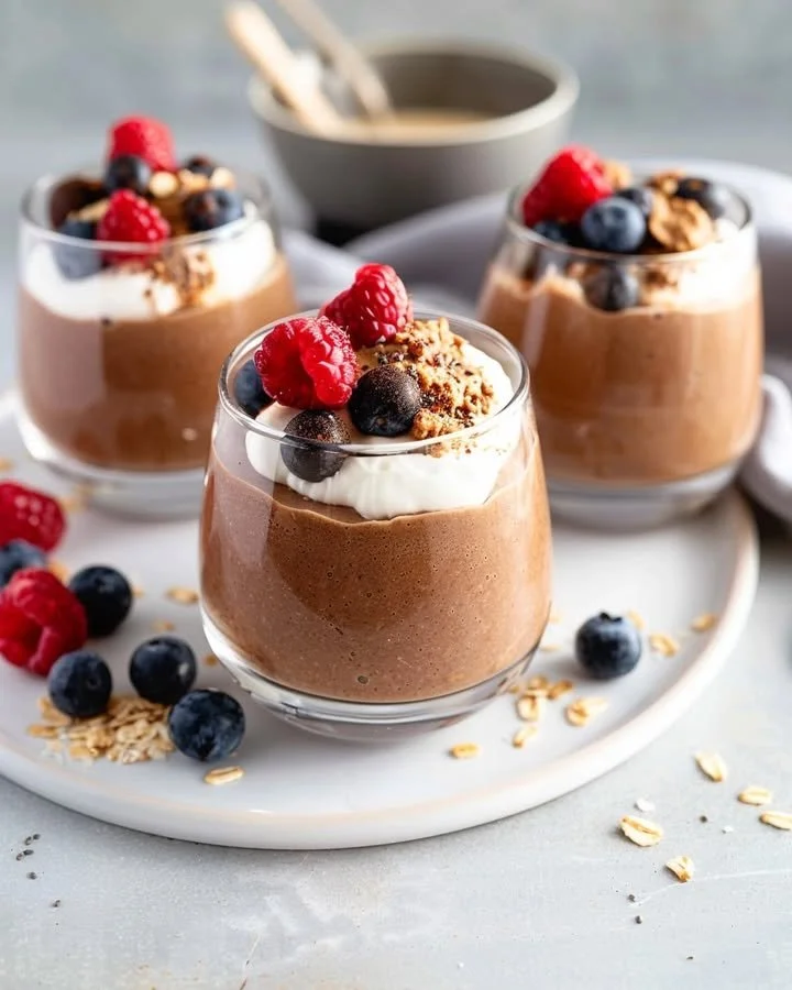 Bowl of overnight Čokolino topped with fresh berries