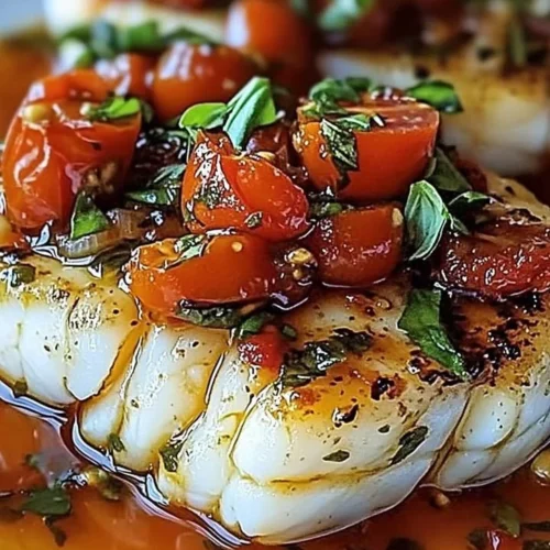 Pan-seared Mediterranean Cod served in tomato basil sauce on a plate
