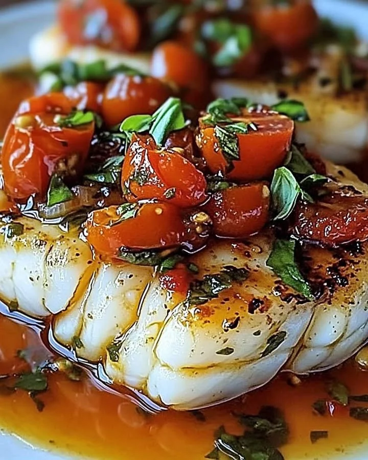 Pan-seared Mediterranean Cod served in tomato basil sauce on a plate