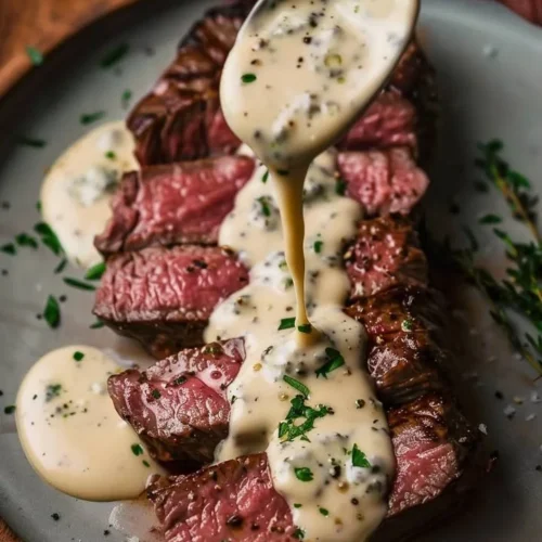 Pan-Seared New York Strip Steak with Gorgonzola Cream Sauce on a plate