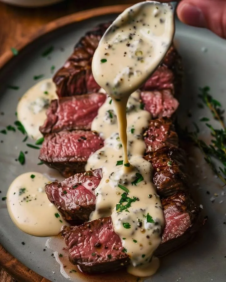 Pan-Seared New York Strip Steak with Gorgonzola Cream Sauce on a plate