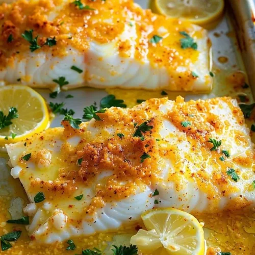 Delicious Parmesan Baked Cod fillets topped with Parmesan cheese and herbs