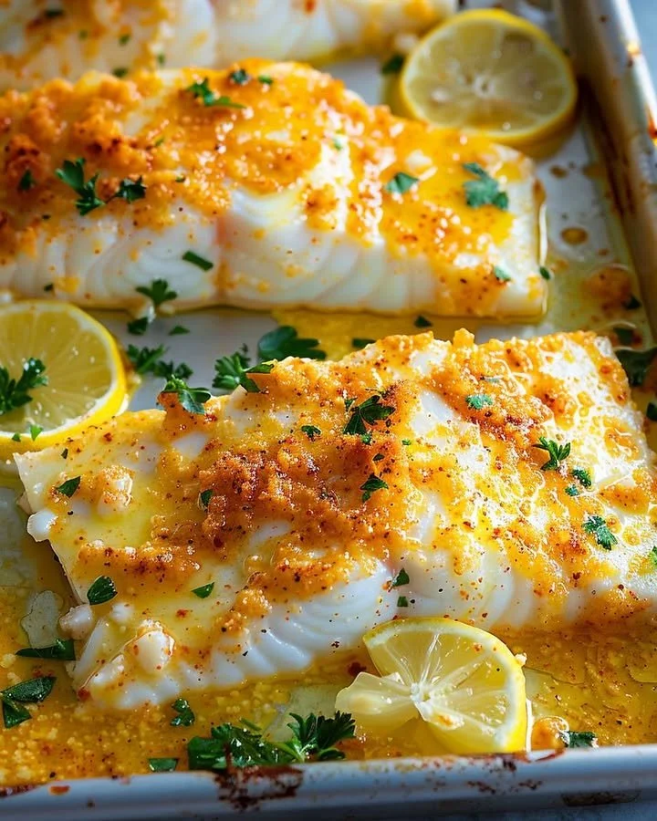 Delicious Parmesan Baked Cod fillets topped with Parmesan cheese and herbs