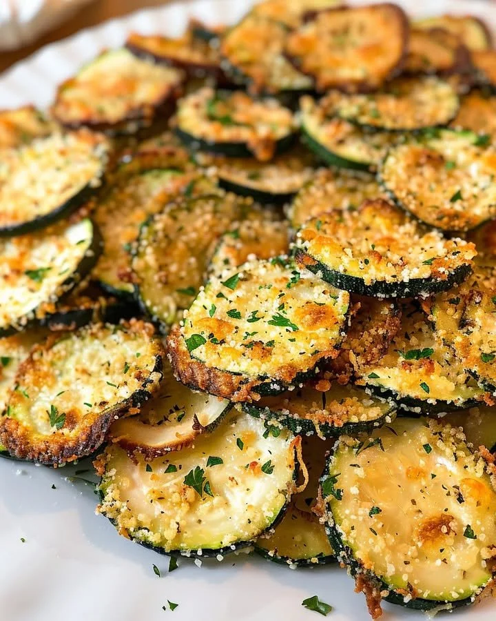 Baked Parmesan Zucchini Chips served in a bowl, crispy and golden brown