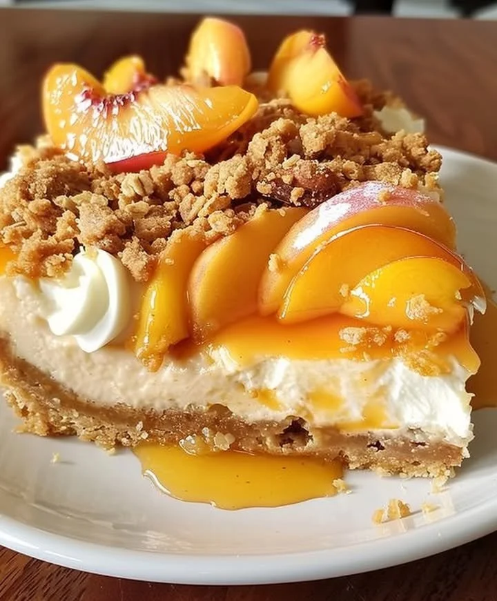 Piece of Peach Cobbler Cheesecake with fresh peach slices on top