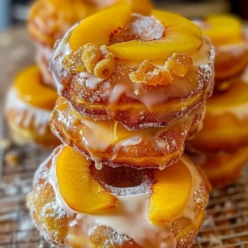 Delicious Peach Cobbler Cheesecake Donuts topped with peach filling and crumble.