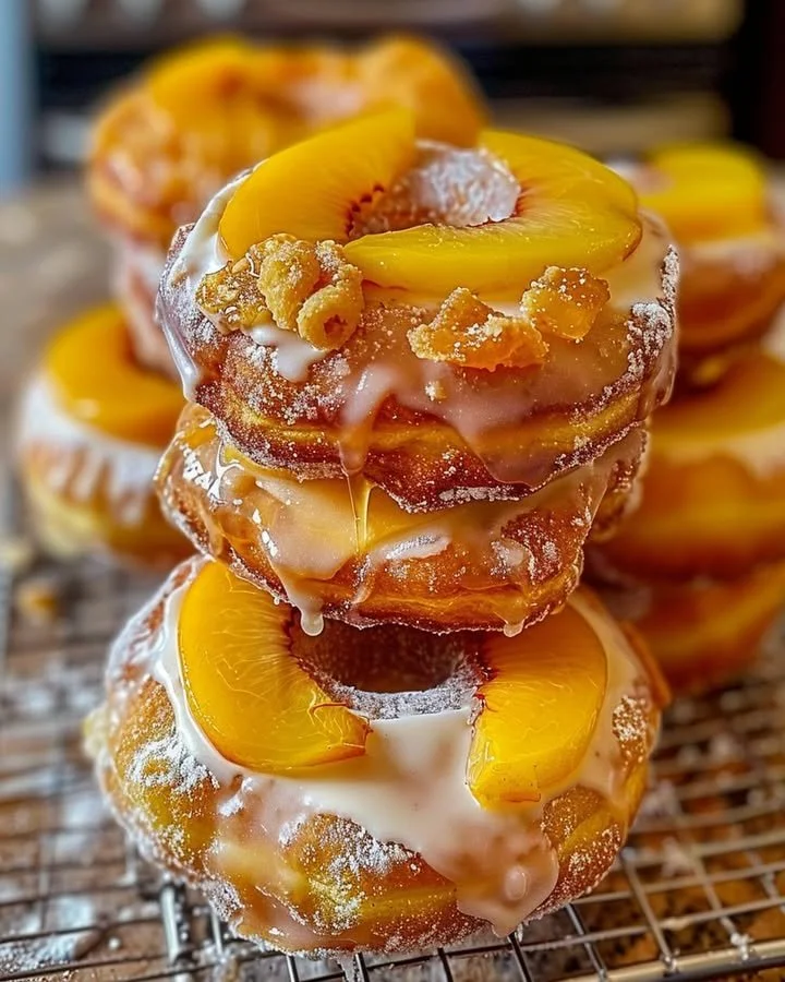 Delicious Peach Cobbler Cheesecake Donuts topped with peach filling and crumble.