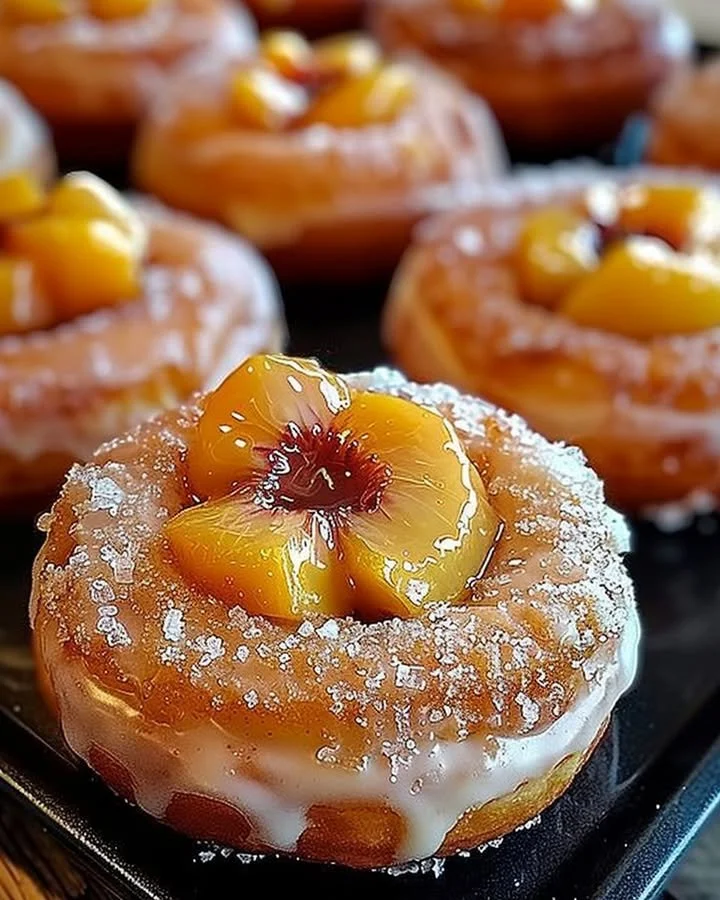 Delicious Peach Cobbler Cheesecake Donuts topped with crumbles and peach slices