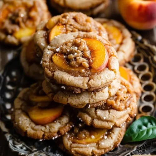 Delicious Peach Cobbler Cookies on a wooden table with fresh peaches