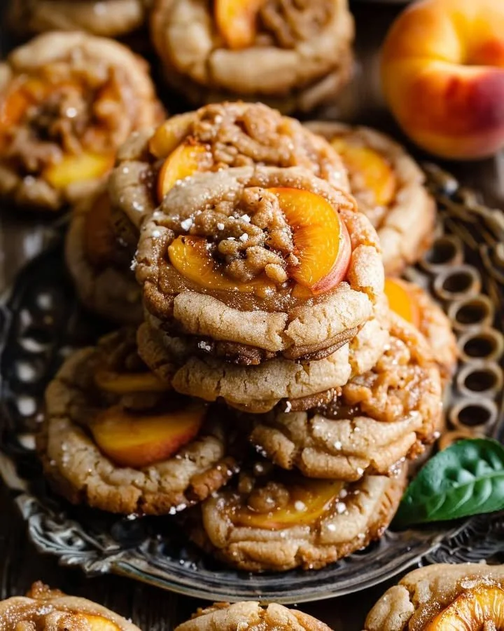 Delicious Peach Cobbler Cookies on a wooden table with fresh peaches