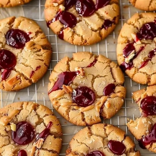 Peanut Butter and Jelly Cookies on a plate with a glass of milk