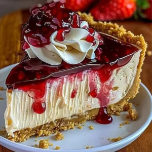 Peanut Butter & Jelly Cheesecake slice topped with jelly and peanuts.