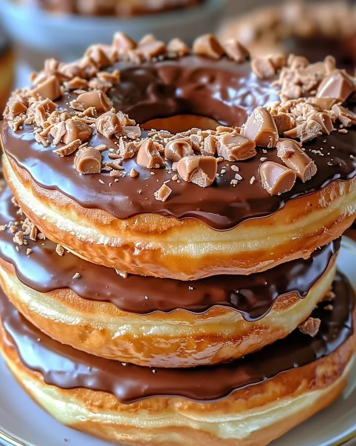 Peanut Butter Reese’s Donut Sandwiches with a chocolate drizzle