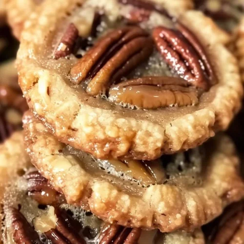 Pecan pie cookies on a plate with a drizzle of caramel sauce.
