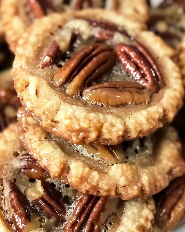 Pecan pie cookies on a plate with a drizzle of caramel sauce.