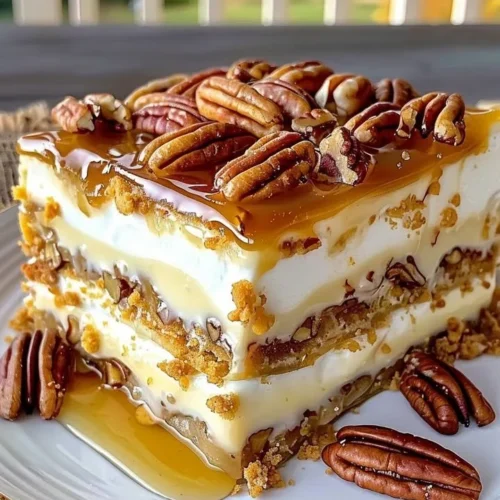 Delicious pecan pie lasagna with layers of creamy filling and pecans