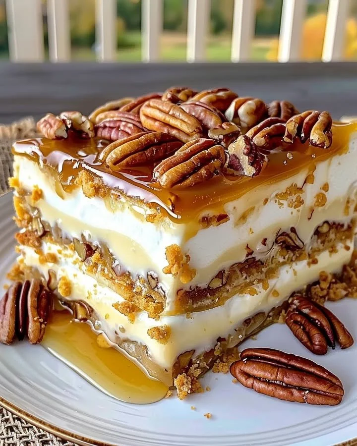 Delicious pecan pie lasagna with layers of creamy filling and pecans