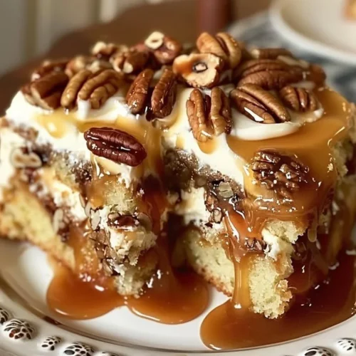 Delicious Pecan Praline Poke Cake with rich praline topping