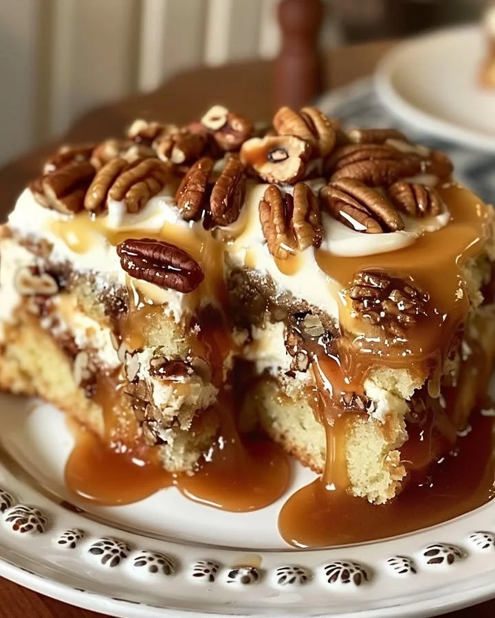 Delicious Pecan Praline Poke Cake with rich praline topping