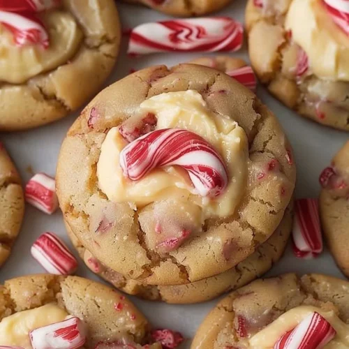 Peppermint cheesecake cookies stacked on a plate, decorated for the holidays.