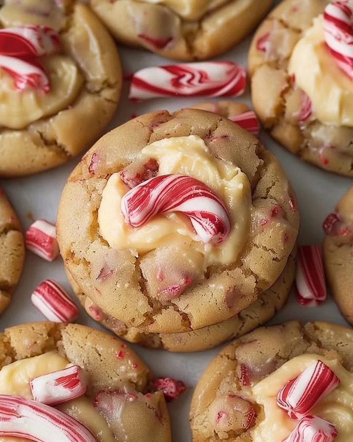 Peppermint cheesecake cookies stacked on a plate, decorated for the holidays.