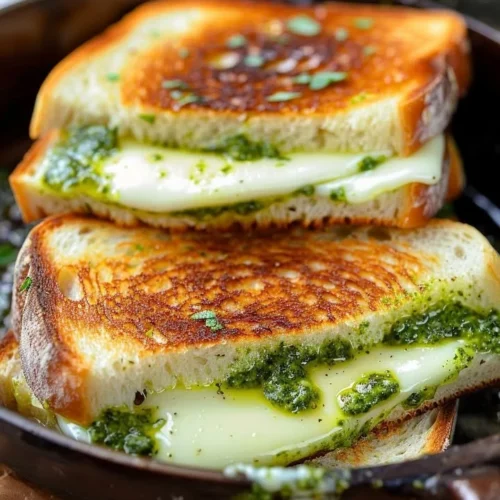 Pesto Grilled Cheese sandwich with melted cheese and fresh pesto